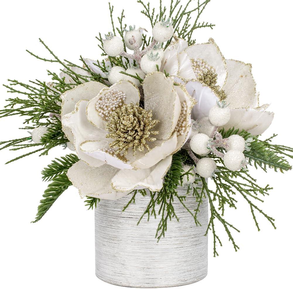DILATATA 12-inch White Christmas Table Centerpiece with 5" Glitter Magnolia Flower and White Berries Fir Greenery Artificial Floral Centerpiece
