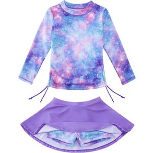 swimsobo Girls Swimsuit Rash Guard Long Sleeve Bathing Suit Two Piece Swimwear Swimming Skirt with Shorts 8T(Purple)