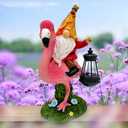 Gnomes Flamingo with Solar Lantern, Whimsical Decor for Garden, Yard, Patio, Lawn, LED Lights - Unique Gift for Women, Mom, Friends(Red Gnomes)