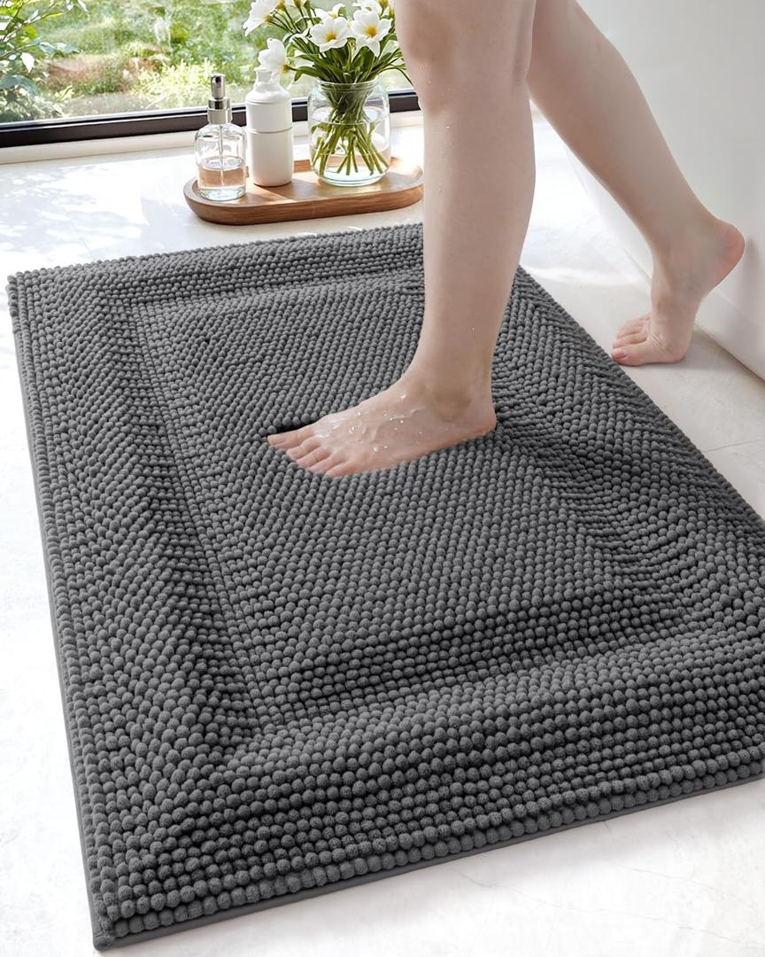 DEXI Bath Mats for Bathroom 16x24, Non Slip Washable Bathroom Rug, Thick Soft Chenille Absorbent Bathmat for Shower Floor, Fluffy Shaggy Carpet for Tub, Grey
