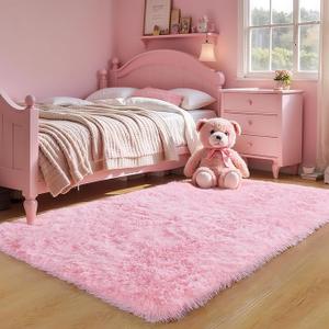 KCHOWUA Pink Fluffy Fuzzy Small Area Rugs for Bedroom Girls, 3'x5' Machine Washable Plush Pastel Throw Cute Rug for Living Room, Modern Soft Shag Shaggy Furry Floor Nursery Kids Dorm Room Carpets