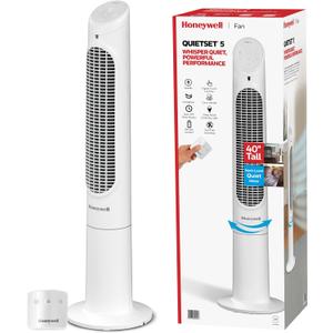Honeywell 40" Quiet Set Oscillating Tower Fan, 30ft Air Circulation Power, 5 Speed, Remote, LED Display, White, HYF265W, Large