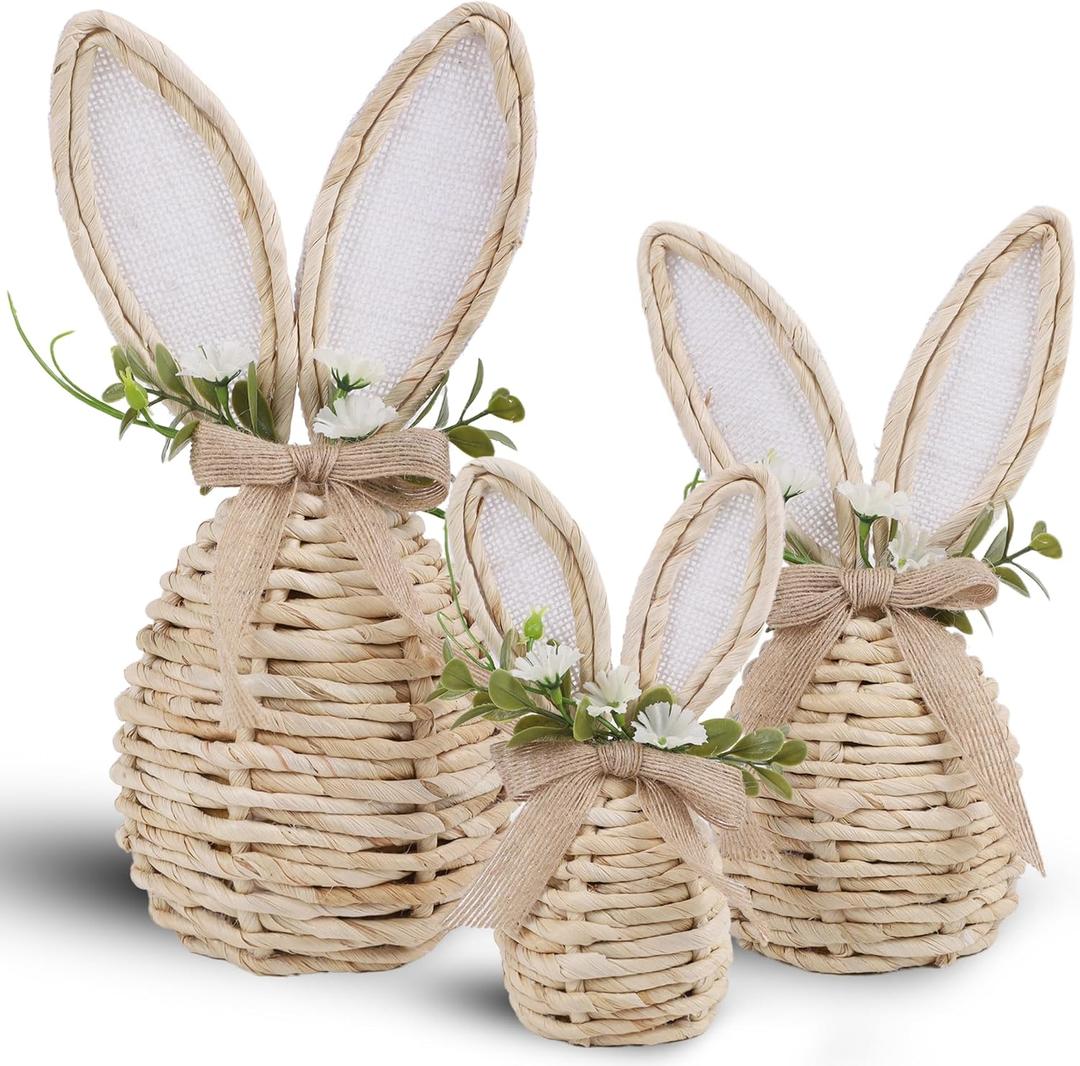 DR.DUDU Set of 3 Easter Decorations for Home Table Centerpieces Rattan Bunny Set with Flowers Neutral Easter Decor