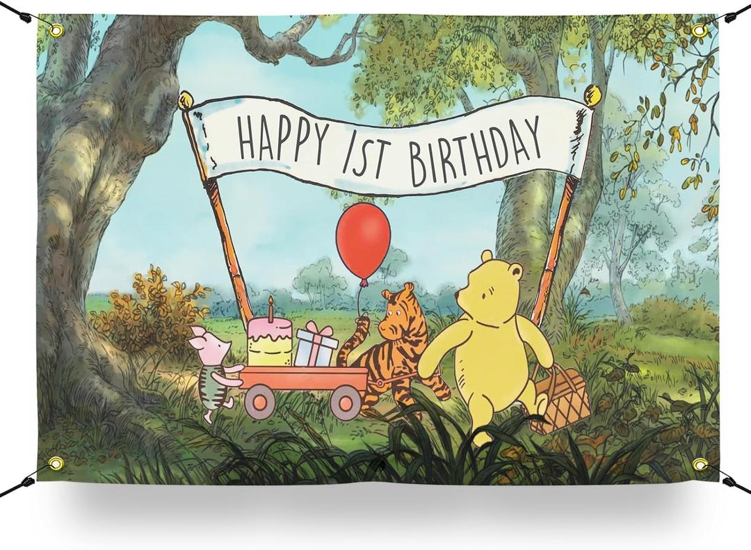 The Winnie Bear Happy 1st Birthday Banner & Backdrop, 3x5FT Party Background Decorations/Supplies