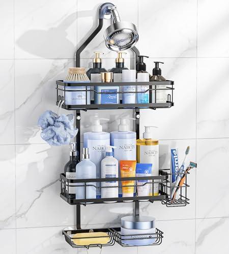 OMAIRA Shower Caddy Organizer Hanging, Adjustable Stainless Steel No Drilling Non-Slip Bathroom Caddy Organizer Storage Shelves for Inside Bath Over Shower Head Rack Holder, Black