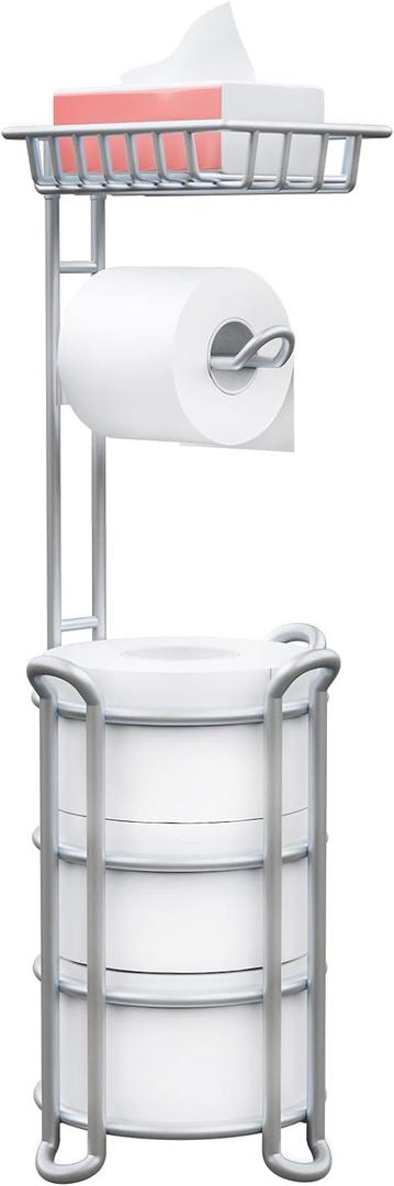 Toilet Paper Holder Stand with Shelf for Phone, Free Standing Tissue Roll Storage and Dispenser Rack for 4 Mega Rolls, Silver Gray (23.6'')