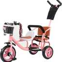 Kids Trike Bike Stroller- Double Tricycle Easy for Toddler with Removable Push Handle,Safety Harness,High Carbon Steeltrike Frame,Boys and Girls Ages Year Old, Pink