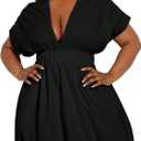 DIRARA Women's Plus Size Deep V Neck Bubble Dress Short Sleeve A Line Mini Dresses Black 4X-Large Plus