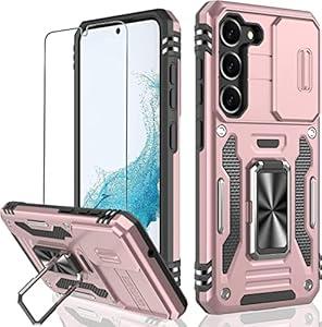 WRJ Case for Samsung Galaxy S23 Plus with Slide Camera Cover and Screen Protector, Military Grade Cover [Rotated Ring Kickstand] Heavy Duty Shockproof Protective Case-Rose Gold