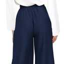 FANCYINN Womens 2 Piece Crop Pants Set V Neck Long Sleeves Tops High Waisted Cropped Paper Bag Pants with Belt Navy Blue Pants & White Blouse Top, XL