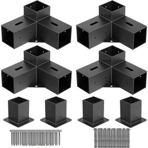 4x4 Pergola Bracket Kit - 8pcs (4pcs 3-Way Corner Brackets & 4pcs Post Base) for 4''x4'' Wooden Beams (Actual 3.6''x3.6'') - Includes Stainless Steel Hardware for Patio Pergolas & Outdoor Structures