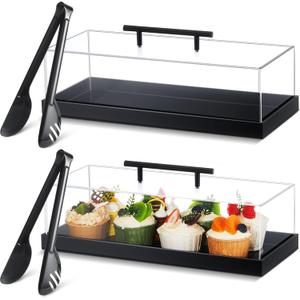 FoldTier 2 Pcs Rectangular Cake Stand Serving Tray with Lid and 9'' Serving Tong Acrylic Pastry Display Case 14 x 6 x 4 Inches Black Clear Platter Dessert Holder for Pastries Decorative Centerpiece