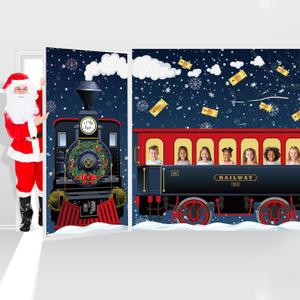 Winter Express Train Door Banner Xmas Vintage Express Train Door Cover Classroom Christmas North Pole Porch Backdrop Holiday Classroom Office Home Party (2 Pcs, Locomotive Carriage)