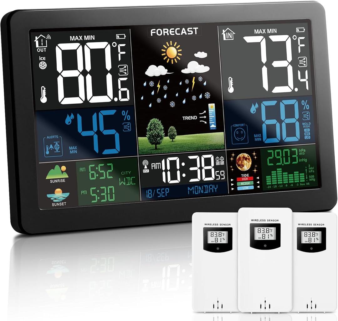 Weather Station Wireless Indoor Outdoor Thermometer with 3 Remote Sensors and Color Display Atomic Clock, Weather Thermometer Forecast Station with Sunrise Sunset Time and Tide Level