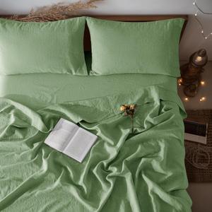 LBRO2M 100% Linen Sheet Set King Size,Bed Sheets 4 Piece Sets,Solid Color Natural Flax Bed Sheets Soft Breathable Bedding,16" Deep Pocket,All Season (King, Green)