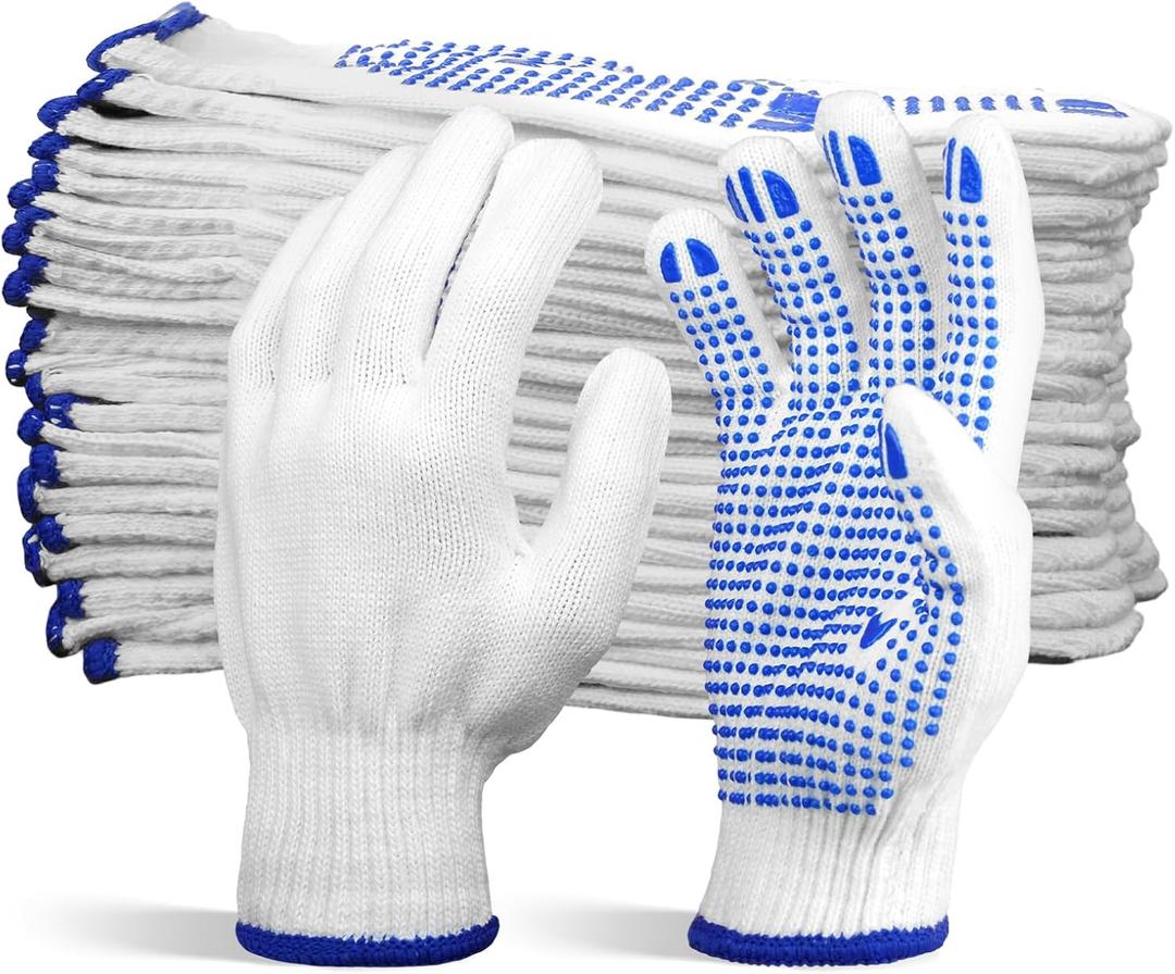 Cotton Knitted Grip Work Gloves, 12 Pairs Bulk Packaging, Thickened, for Handling, Driving, Home & Yard Cleaning, Sanding, Painting, Constructing, Decorating, Repairing, Cooking