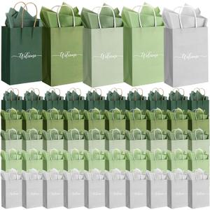 Kolldenn 50 Sets Sage Green Wedding Welcome Bags Bulk Handle Tissue Paper 8.6"x5.9"x3.2" Paper Church Welcome Bag Kraft Gift Bag for Visitors Hotel Guest Birthday Baby Shower Bridal Bridesmaid Party