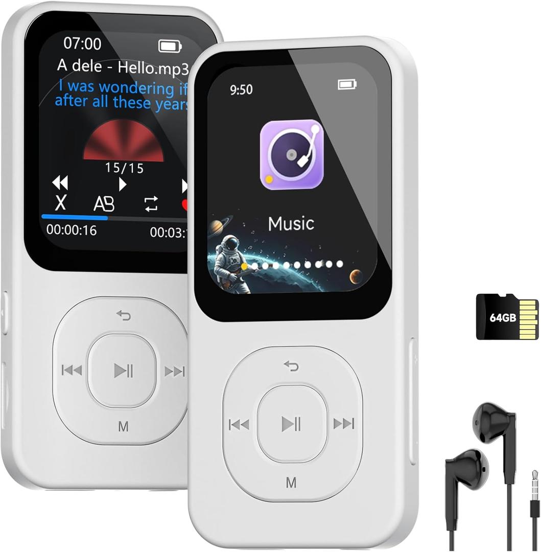 64GB MP3 Player with Bluetooth 5.3, 30 Hrs Playtime, HD Screen Portable Music Player for Sports, Built-in Speaker, FM Radio, Voice Recorder, E-Book, Sleep Timer, Expandable Up to 256GB (White)