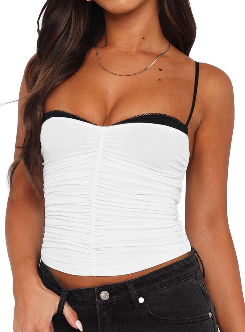 Women Sexy Y2k Double Lined Shelf Bra Tank Top Dressy Crop Corset Camisole Top with Built in Bra for Date Night Club (White), Medium