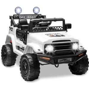 SEHOMY 12V Kids Ride On Truck, 3 Speeds, Battery Powered Electric Car White | Parent Remote Control, 3 Speed, Spring Suspension, LED Lights, Safety Start, Built-in Music, 4-Wheel, Toys Gift for Boys