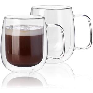 Kanwone Large Glass Coffee Mugs - 14 Ounce - Double Wall Insulated Glasses with Handle, Clear Glass Coffee Mugs, Perfect for Latte, Macchiato, Americano, Cappuccino, Tea and Beverage, Set of 2