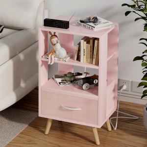 Night Stand with Charging Station, Pink Nightstand with Drawer, 3-Tier Wooden Bedside Table with USB Ports and Outlets, End Table for Small Space, Living Room, Bedroom
