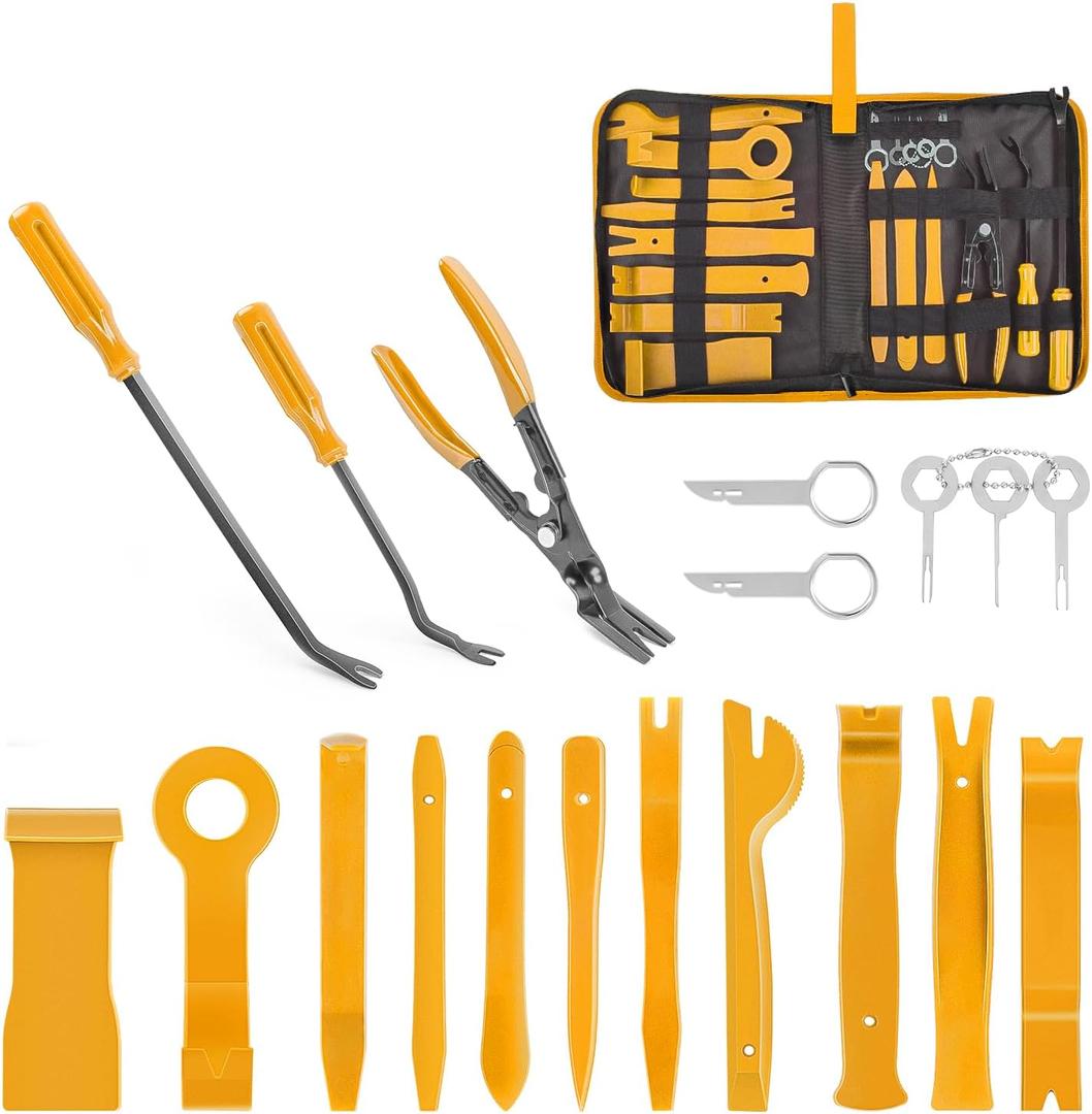 GOOACC 19Pcs Trim Removal Tool Set Panel Fastener Clips Removal Automotive Plastic Upholstery Pliers Removal Install Removal Car Tool with Storage Bag for Trim Panel Audio Clip Pliers Terminal-Yellow