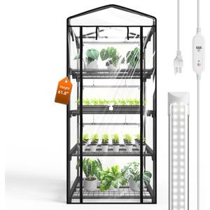 Bstrip Indoor Greenhouse with Grow Light, Mini Green House with 4 Pack 20W Full Spectrum Plant Lights with Timer, Plant Shelf with Tent for Indoor Plant, Seed Starting, Seed Tray, 27.2"x19.9"x61.8", 4-Tier