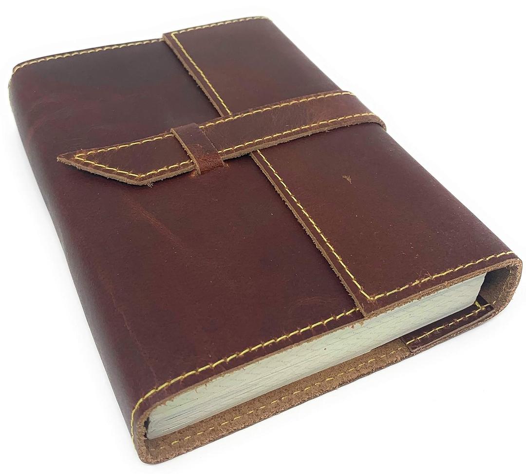 Tuk Tuk Press, Handmade Buffalo Leather Journal, Luxury Medium Brown Smooth Finish, 200 Unlined Thick Cotton Pages, Refillable, (8 x 6, Dot)