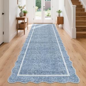 GarveeHome Scalloped Washable Kitchen Runner Rug 2x8, Blue Runners for Hallway, Non Slip Boho Soft Bathroom Throw Mat Bordered Carpet Runner for Laundry Entryway Bedroom 2 ft x8 ft Blue
