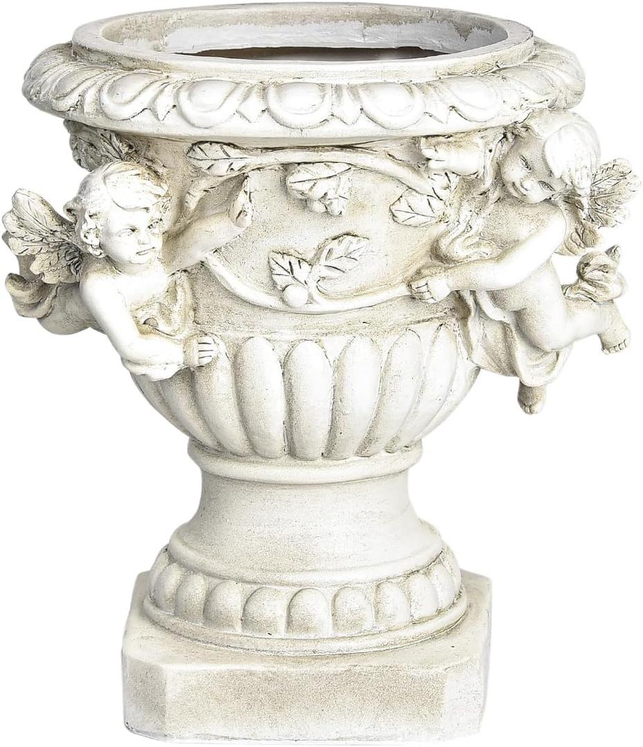 Sungmor Garden Cherub Urn Planter, Lovely Resin Angel Statue Flower Pots, Vintage European Style Planter, Rustic White Whimsy Fairy Decorative Plant Pot, Beautiful Pot for Indoor Outdoor Flowers (Roman Column)