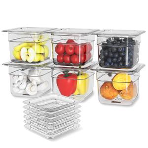 6 Pack Plastic Food Pan with Lid 1/6 Size 4 Inch Deep Restaurant Clear Food Storage Containers with lids Polycarbonate Commercial Hotel Pans for Fruits Vegetables Beans Corns (6 PCS, 4'' Deep)