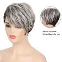 Short Grey Mix Brown Womens Wig with Bangs Pixie Cut Layered Fluffy Hair Synthetic Wigs for Daily Use