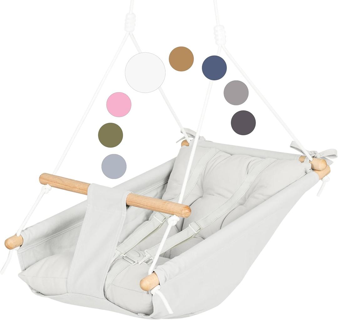 CaTeam Canvas Toddler Swing  Indoor/Outdoor Hanging Chair for Patio & Playroom with Safety Belt  Wooden Baby Seat for Ages 12+ Months  Ivory
