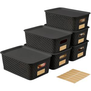 Small Plastic Twill Woven Storage Baskets with Lids, Stackable Organizing Containers with Labels for Pantry Closet Office, 6-Pack,10.35"x7.3"x4.09", Black