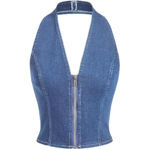 Floerns Women's Y2k Denim Halter Tops Backless Sleeveless Zipper Club Jean Crop Top (Blue, L)