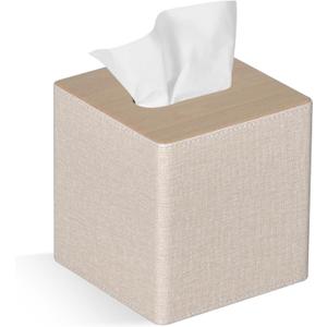 Tissue Box Cover Square PU Leather Facial Tissue Box Holder for Dresser Bathroom Decor (Beige)