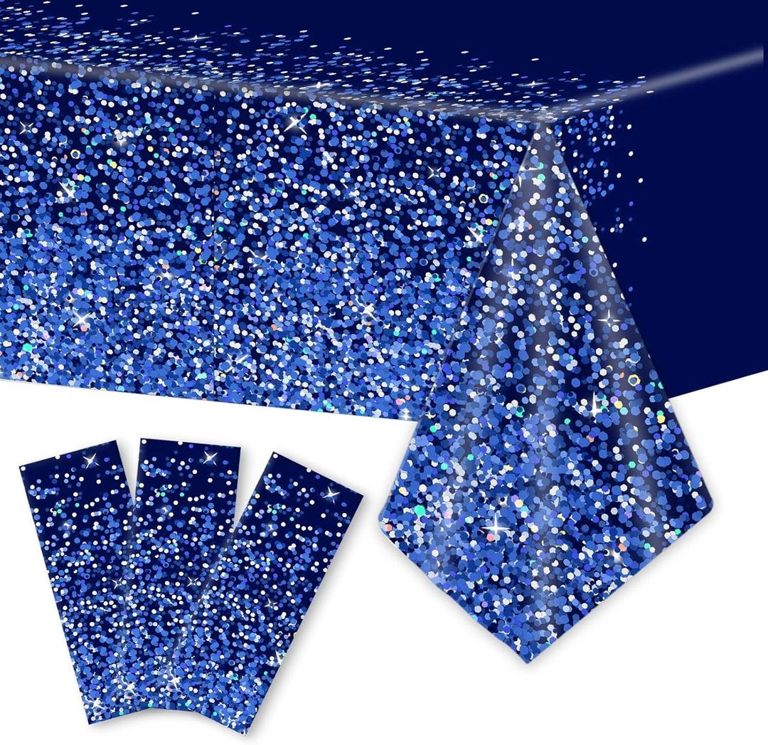3pcs Blue Silver Tablecloths Denim and Diamonds Party Decorations Navy Blue and Silver Tablecloth Disposable Plastic Royal Confetti Rectangle Table Cover for Birthday Wedding Party Decor Supplies