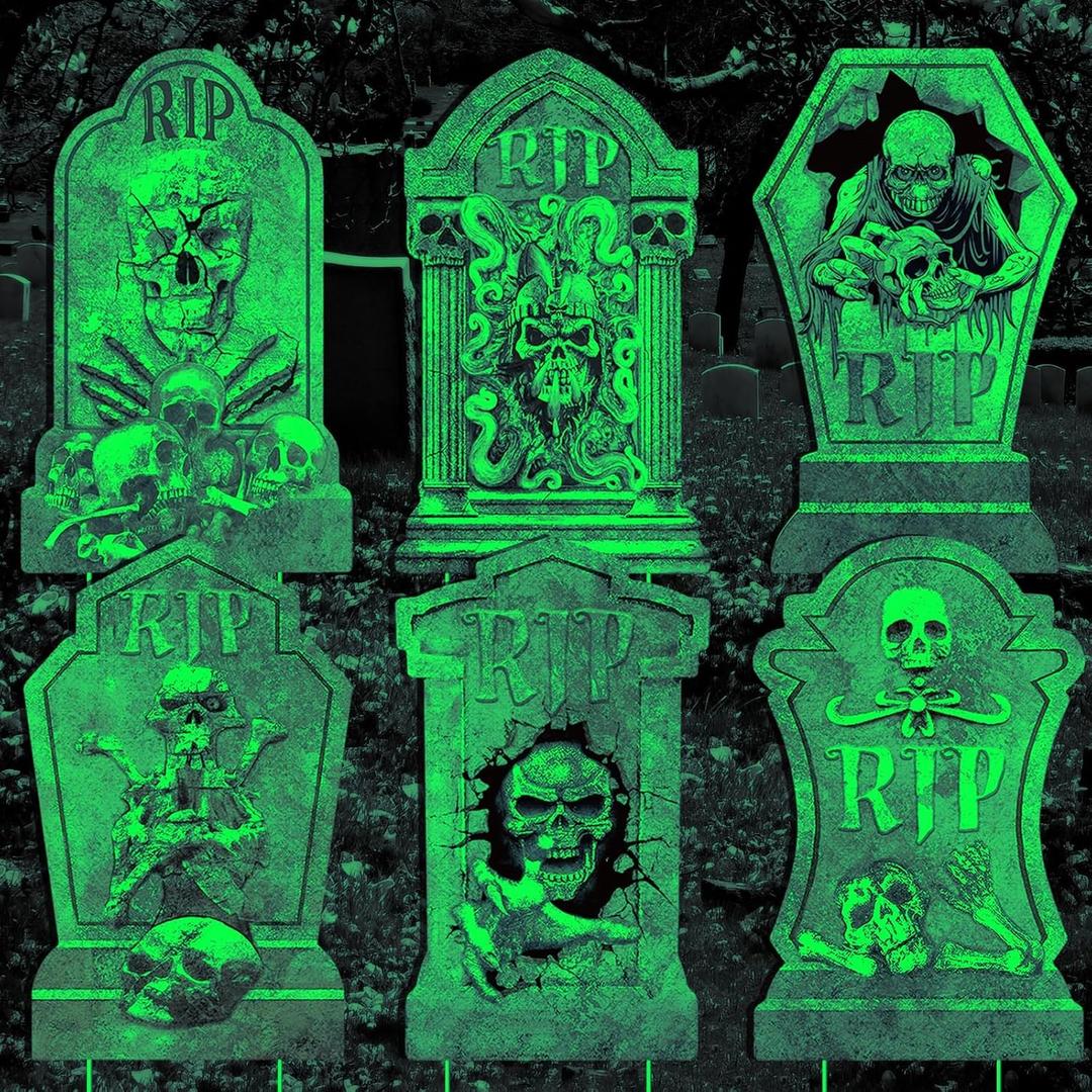 Halloween Decorations Tombstones Yard Sign,6Pcs Luminous Rip Halloween Gravestones With 13.7'' Stake Large Graveyard Glow In The Dark Headstone Signs For Outdoor Yard Lawn Garden Cemetery Scary Decor