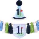 Golf 1st Birthday HighChair Banner - Hole in One Theme Blue Gingham One High Chair Banner & First Birthday Cone Hat Decorations for Little One with Tassels for Cake Smash