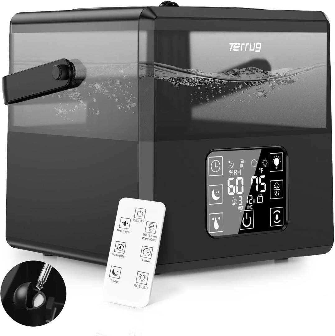 Terrug 6L Humidifiers for Bedroom Large Room, Warm & Cool Mist Humidifiers for Home, Quiet Air Humidifier & Essential Oil Diffusers With Remote Control, 360 Nozzle, Last up to 50H, 1-12H Timer(Black)