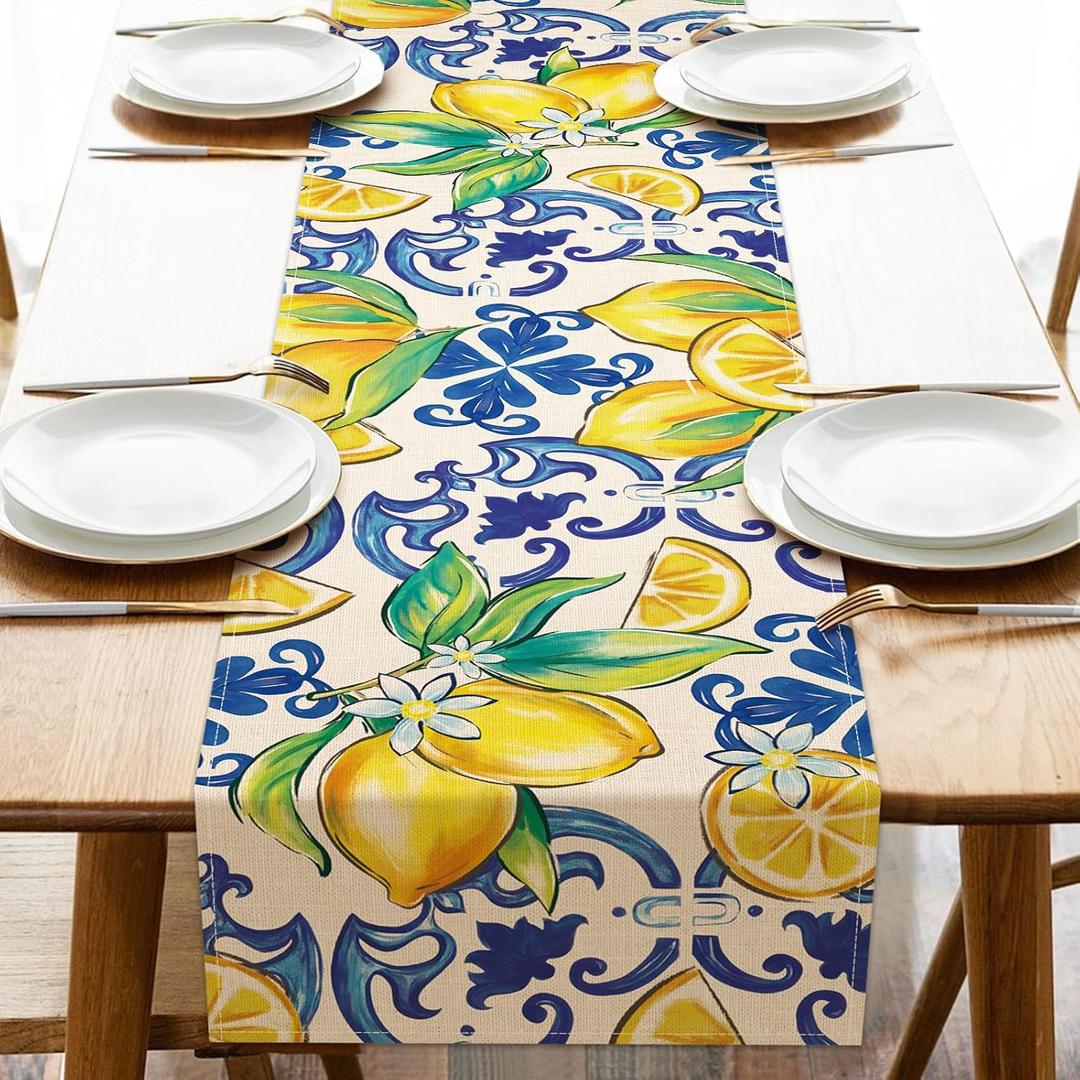 3 x Blue Lemon Italy Tile Pattern Dining Table Runner, Amalfi Coast Italian Capri Citrus Burlap Kitchen Decoration, Summer Mediterranean Indoor Outdoor Home Decor Party Supply 13 x 72 Inches