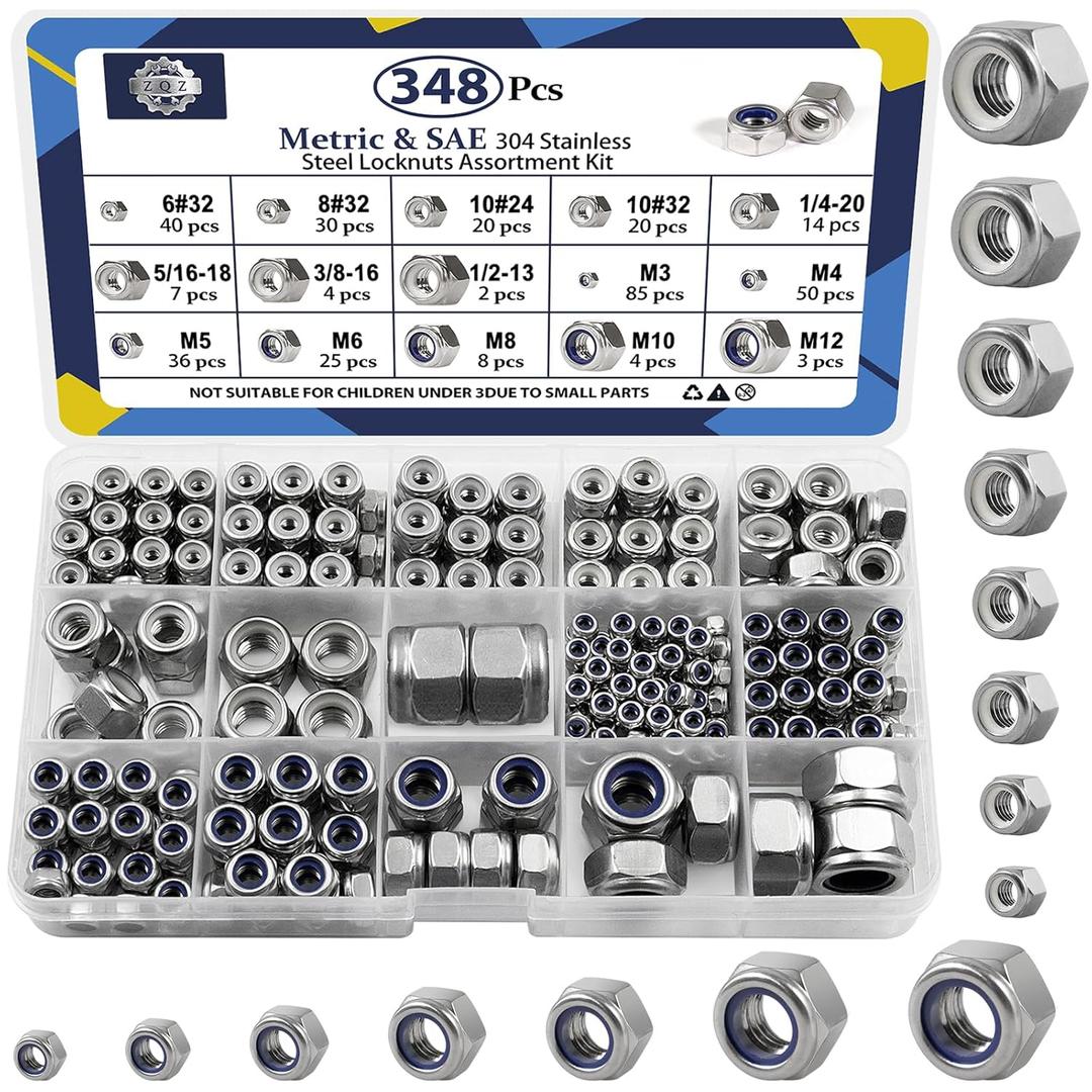 ZQZ 348 Pack SAE & Metric Nylon Insert Locknuts Kit,6#32 8#32 10#24 10#32 1/4-20 5/16-18 3/8-16 1/2-13 M3 M4 M5 M6 M8 M10 M12 304 Stainless Steel Standard Thread Nylock Nuts (Silver)