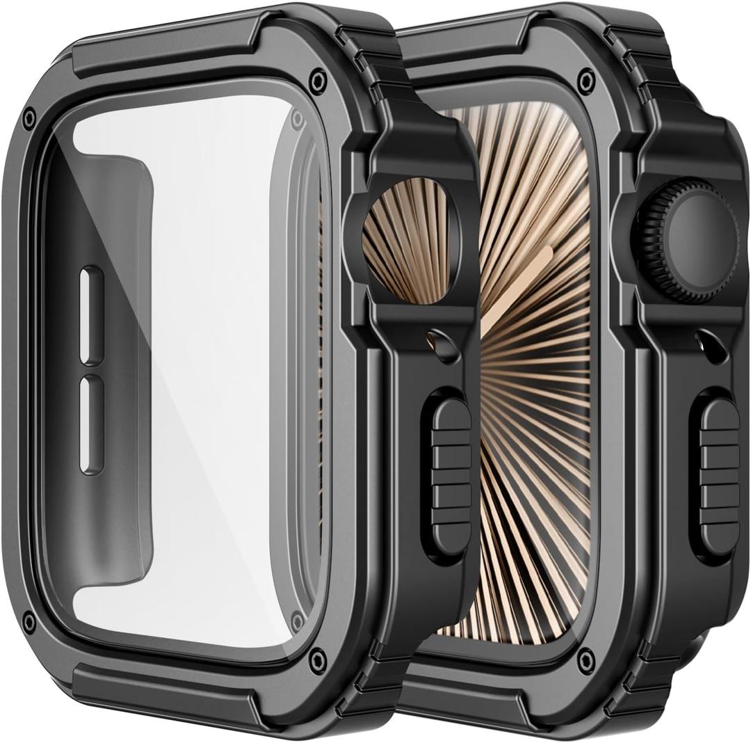 Adepoy 2 Pack Rugged Case Compatible for Apple Watch 46mm Series 11 10 with Tempered Glass Screen Protector, Military All Around Hard TPU Protective Cover Case Shockproof Bumper for iWatch Men 46mm