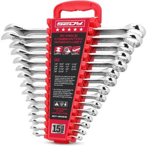 15-Piece SAE Combination Wrench Set, 1/4''1'' 12-Point Open End and Box End Wrench Kit with Organizer, Chrome Vanadium Steel Tools for Mechanics, Garages and Workshops
