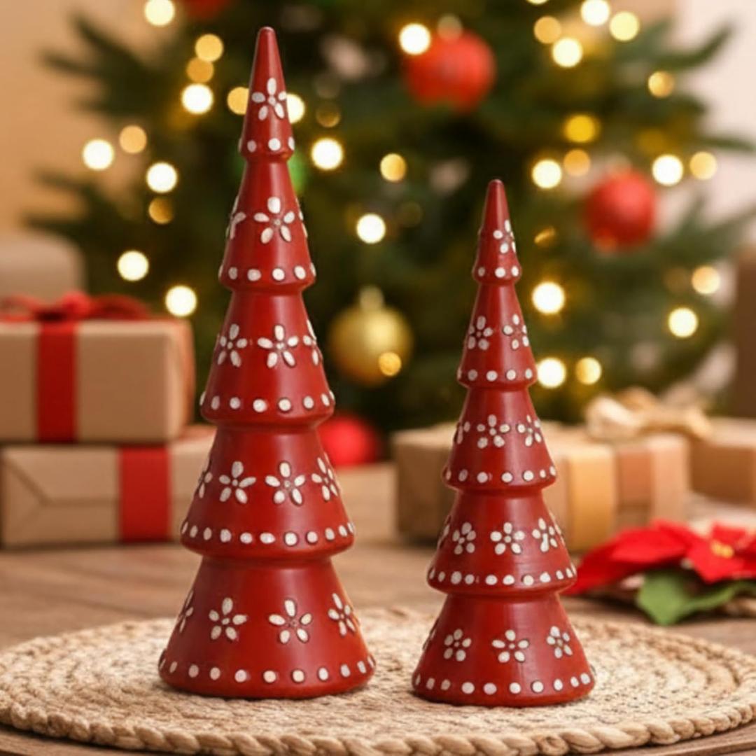 2 Pcs De Barro Mexican Christmas Decorations Talavera Christmas Tree Figurines Boho Resin Decoration Terracotta Table Centerpiece for Accents Xmas Mantel Shelf Fireplace Gift