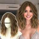 AISI HAIR 14 Inch Honey Blonde Wigs for Women-Shoulder Length Wave Wig with Pre-Cut Lace Hairline, Middle Part Natural Wavy Bob Synthetic Heat Resistant Fiber for Daily and Party