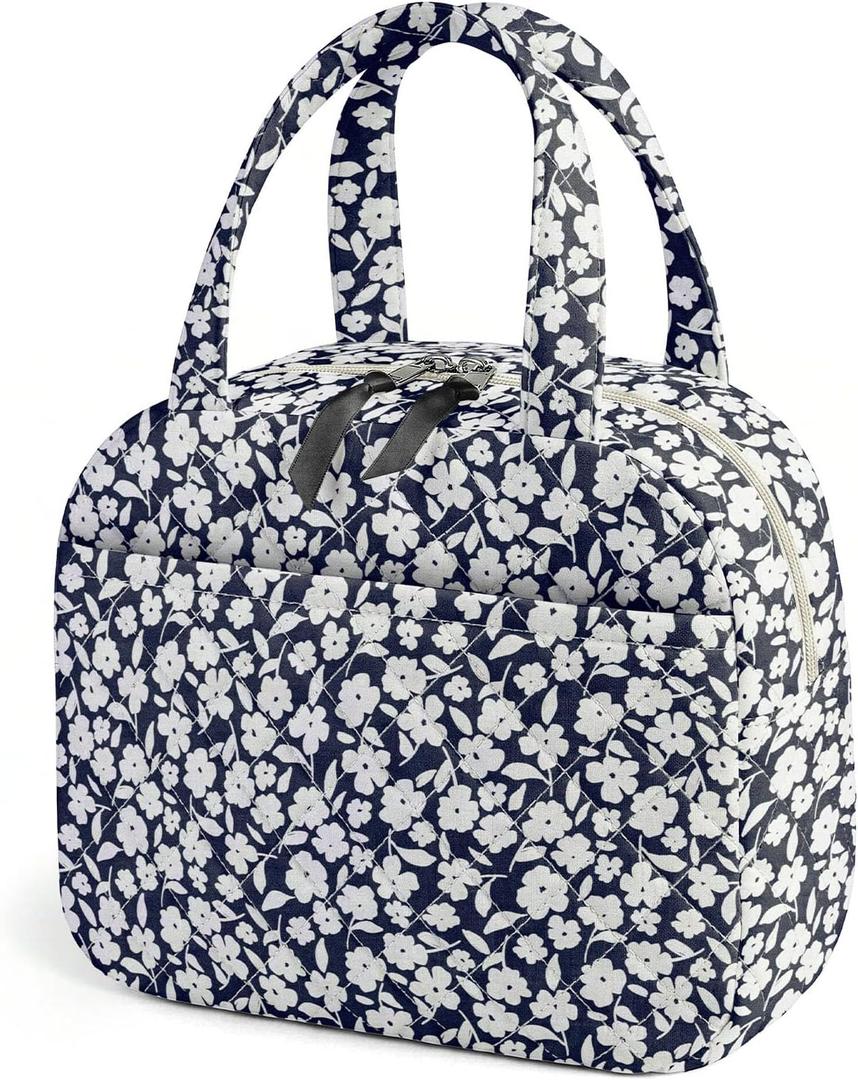 WOBAGMEN Quilted Lunch Box for Women,Coquette Aesthetic Lunch Box for Teen Girls,Cute Floral Lunch Bags for Work, School,Office,Picnic,Travel (White Floral)
