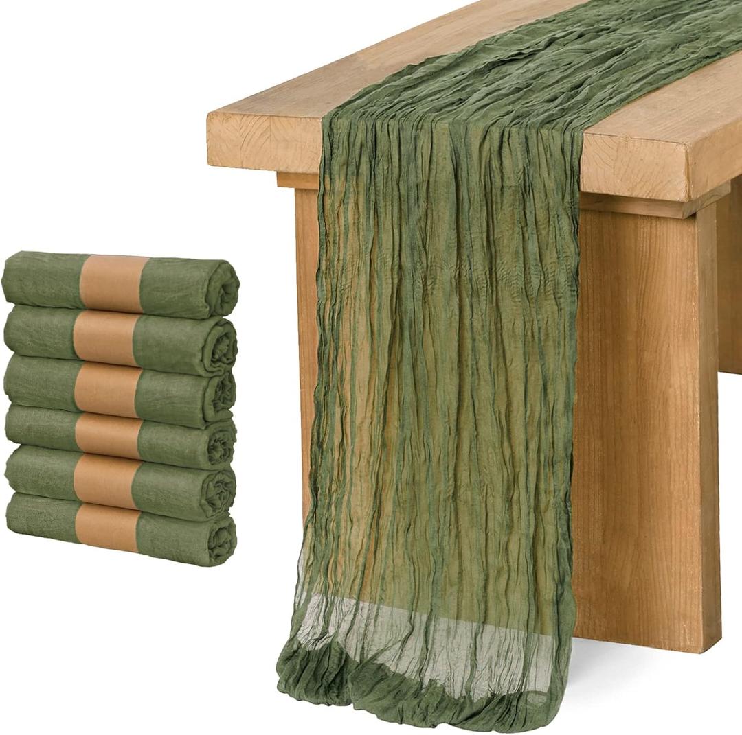 Ling's moment 6 Pack 10Ft Gauze Sheer Table Runner Cheesecloth Table Runner for Wedding Party Bridal Shower(Moss Green, 10ft x 35")