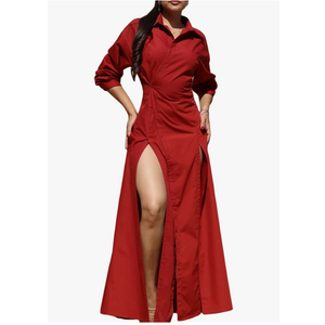Ekaliy Women's Button Down Maxi Shirt Dress Double High Slits Long Sleeve Flowy Maxi Button-Up Dress, size S-M